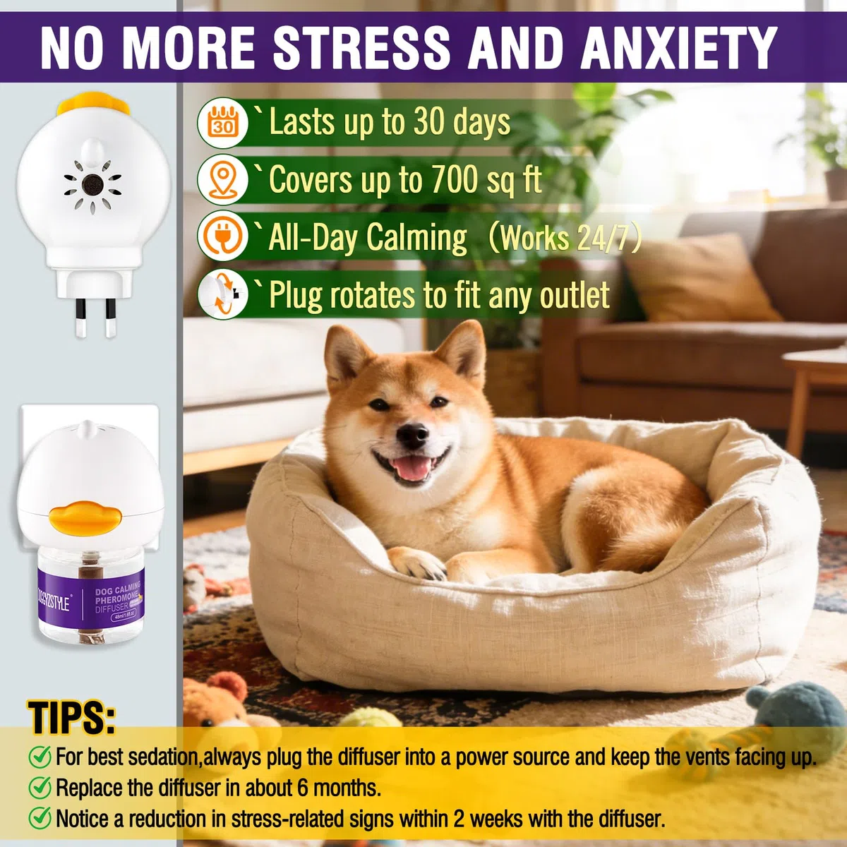 Diffusore di Feromoni Calmanti per Cani,Rilassamento Naturale Dall'Ansia per Cani,Riduce Efficacemente Stress E Abbaio,Adatto A Tutte Le Razze,3 Ricariche (3 Ricariche+1 Diffusore)