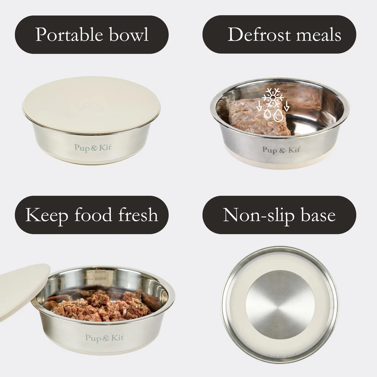 Pup & Kit Lid-it Ciotola per cani e gatti con coperchio in silicone, in acciaio inox, antiscivolo, lavabile in lavastoviglie, ideale per la conservazione degli alimenti, la preparazione dei pasti e i
