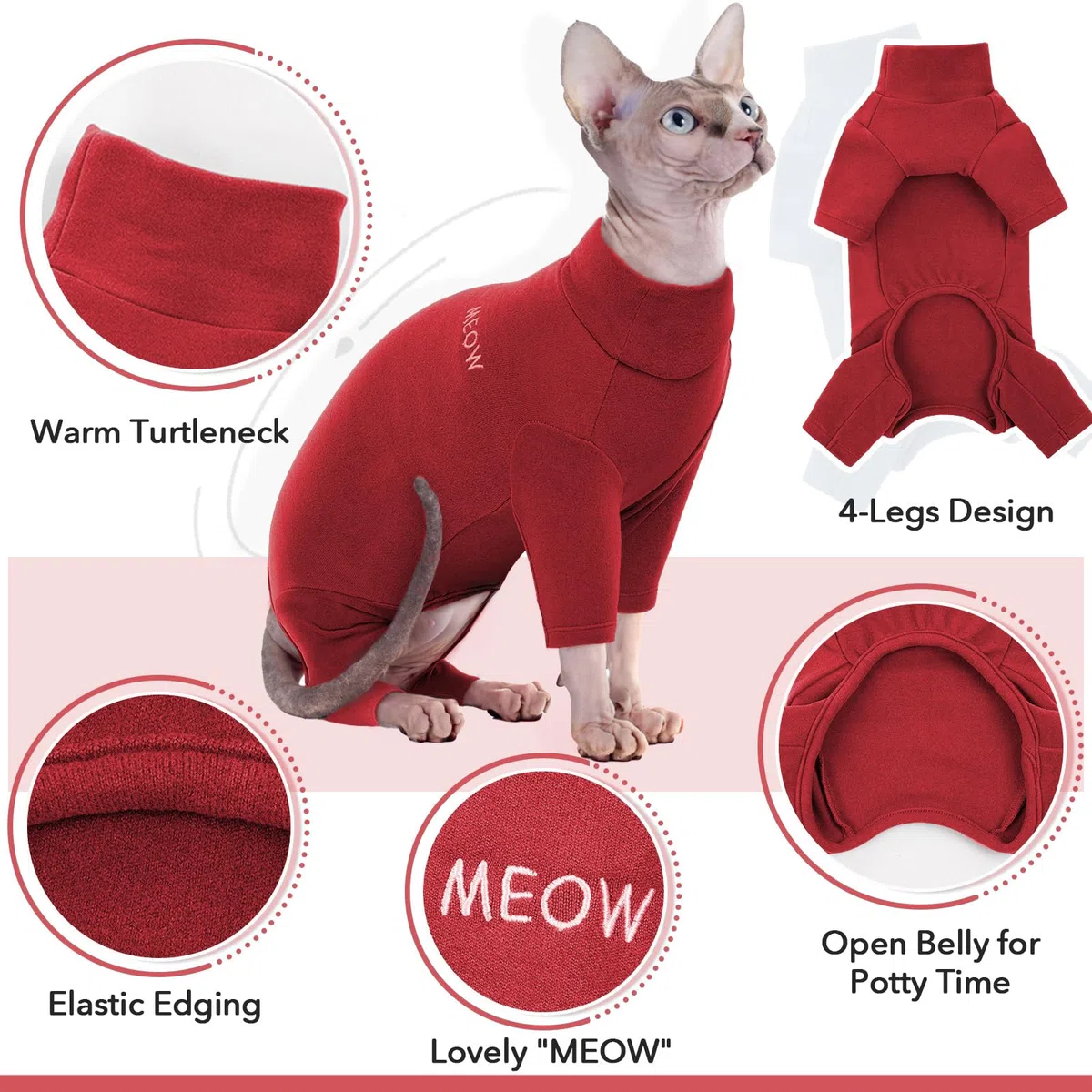 Maglione per gatti, tuta per recupero gatti, maniche lunghe e pancia aperta (rosso, M)