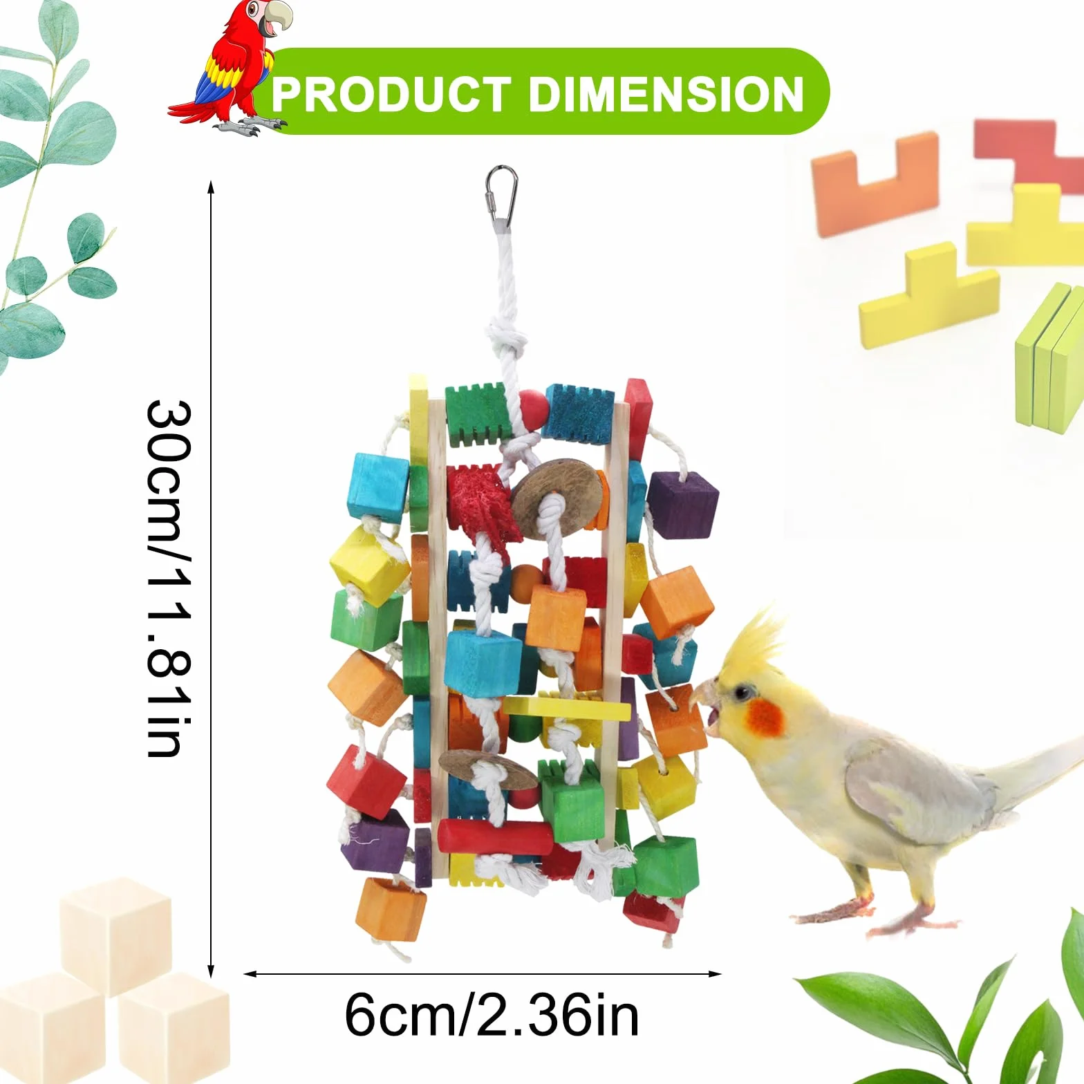 MQUPIN Grandi giocattoli per pappagalli per uccelli, blocchi di legno colorati di diverse forme, 56 cm, blocchi di legno naturale per pappagalli grigi africani, amazzoni, cacatua e ara