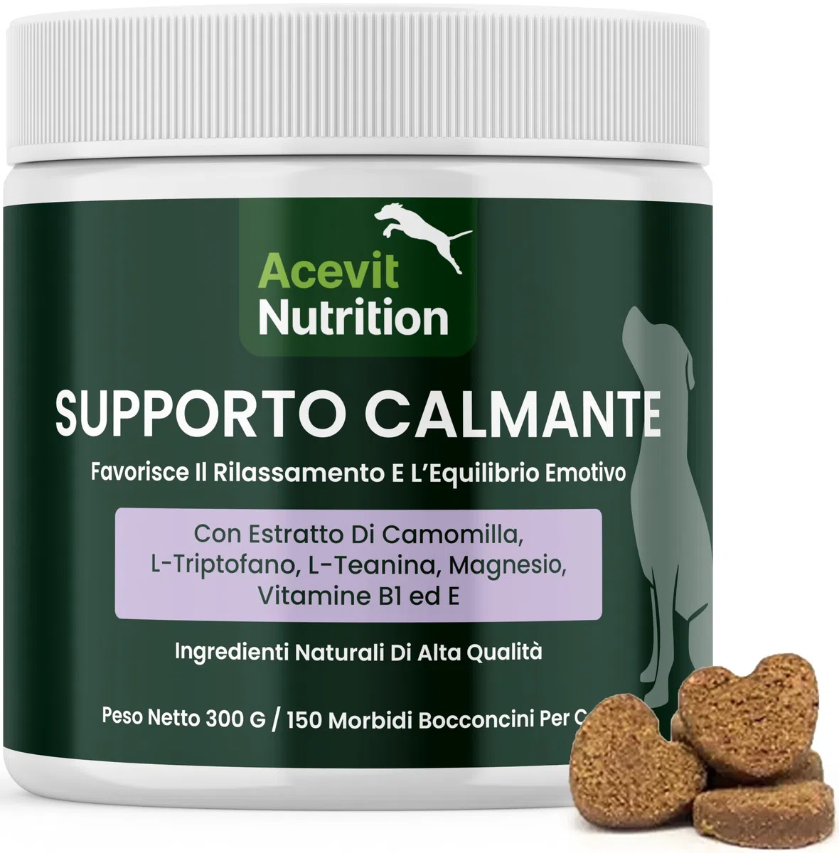 Calmante per Cani, 150 bocconcini, 100% Naturale – Antistress Naturale con L-Triptofano e L-Teanina – Aiuta contro Ansia, Stress e Nervosismo – Supporto Emotivo Senza Sonnolenza | Acevit Nutrition