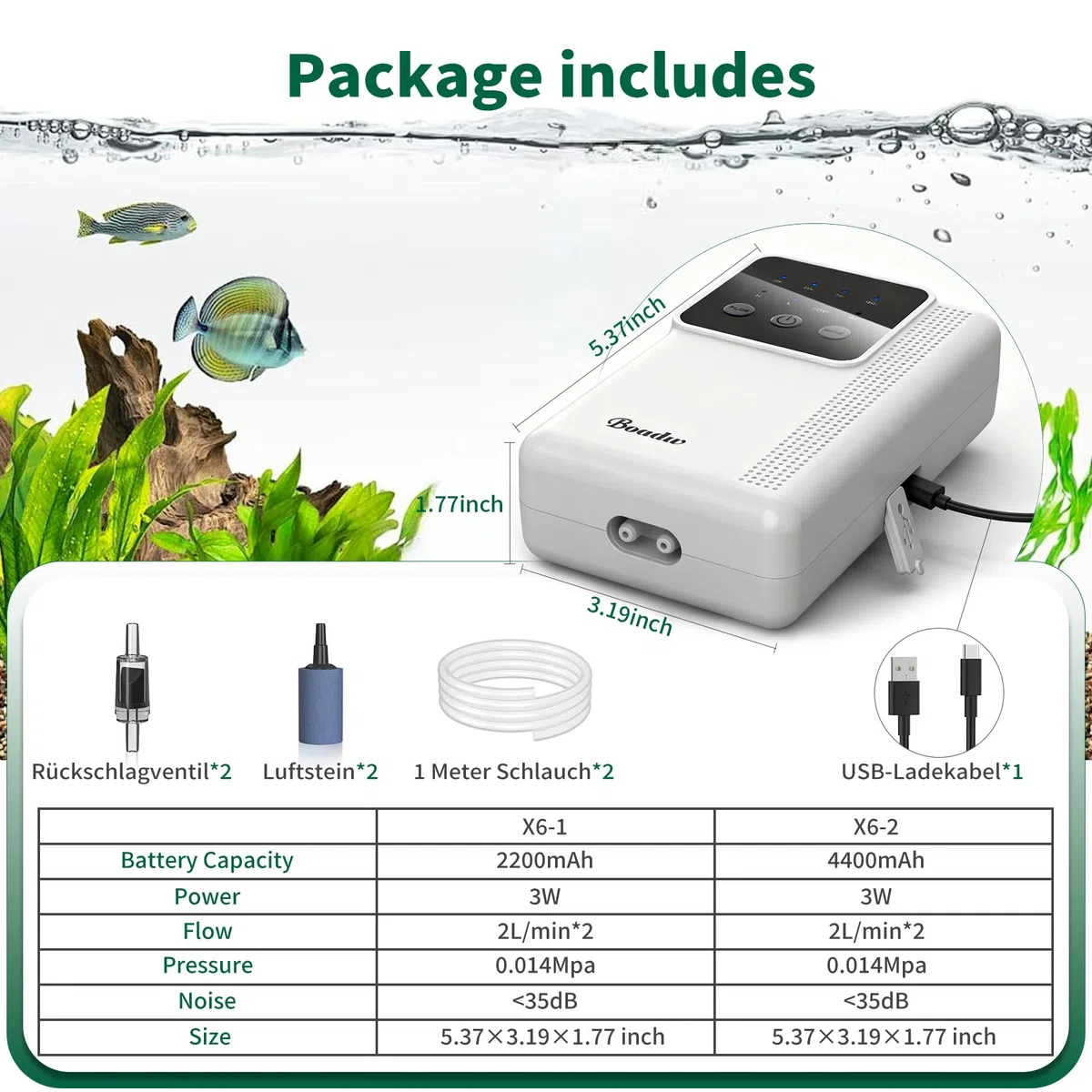 Pompa ad aria per acquario, pompa di ossigeno ricaricabile con batteria da 2200 mAh o 4400 mAh, per pesca all'aperto e interruzione di corrente, Nano Mini accessorio per acquario con pietra