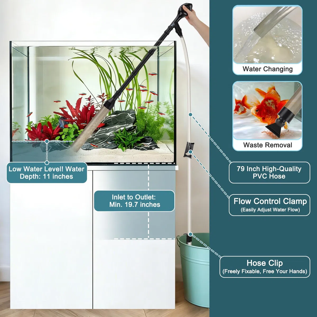hygger Pulitore per ghiaia per acquario, azionato a mano, 256 GPH, pronto all'uso, adatto per bassi livelli di acqua, sfera di aspirazione integrata, lunghezza regolabile