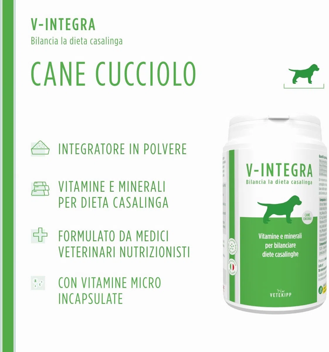 V-INTEGRA Cane Cucciolo 200g, Integratore Completo Ricco di Vitamine e Minerali per Dieta Casalinga e BARF, V Integra Multivitaminico Cane, Made in Italy