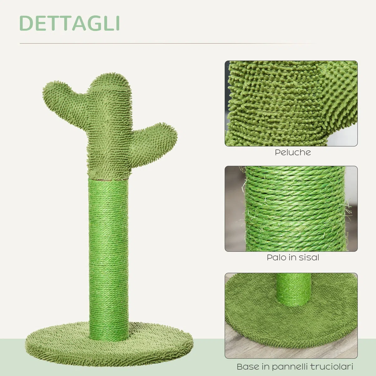 PawHut Albero Tiragraffi per Gatti Adulti e Gattini a Forma di Cactus, Corda Sisal e Base in Legno, 40x40x65 cm, Verde