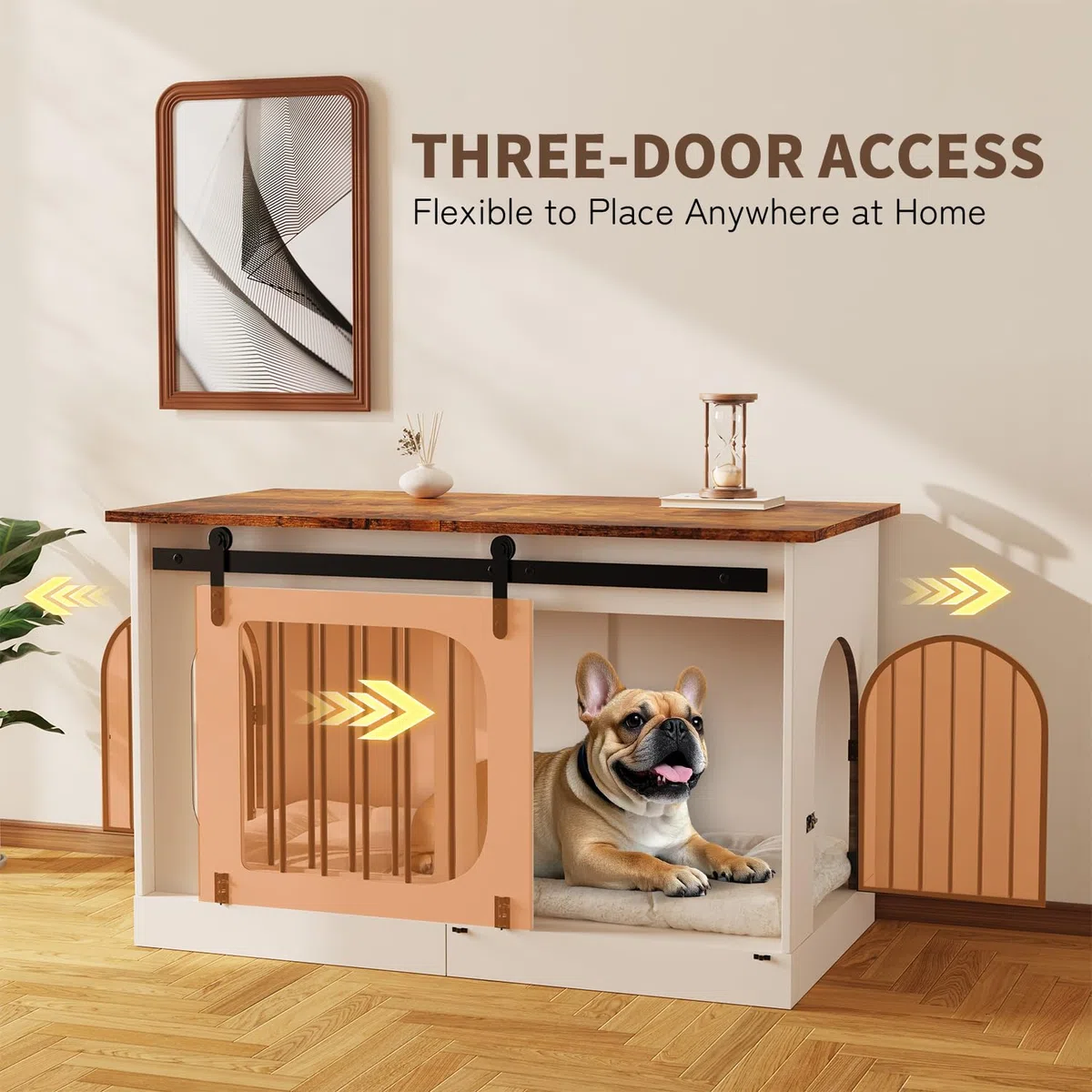 Gabbia per Cani Mobile 100 cm, XL Cassa per Cani da Casa con 3 Porte Scorrevoli, 100x60x69cm, Bianco & Marrone