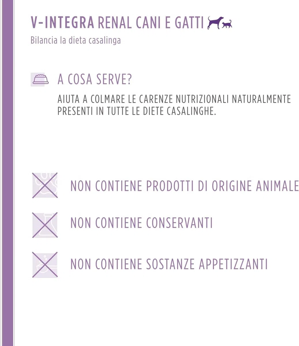 V-INTEGRA Renal 200g, Integratore Vitamine e Minerali per Bilanciare Diete Casalinghe di Cani e Gatti che Richiedono una Restrizione di Fosforo, Multivitaminico Cane e Gatto Made in Italy
