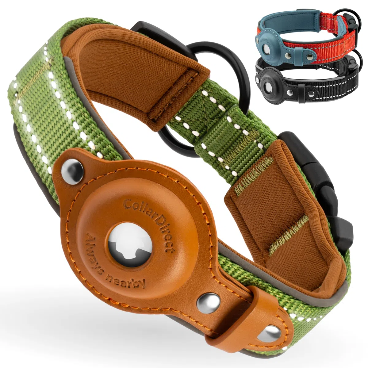 Collare Airtag cane, CollarDirect, Collare riflettente per Apple Air Tag per cani di taglia grande, media e piccola, Verde, Taglia L