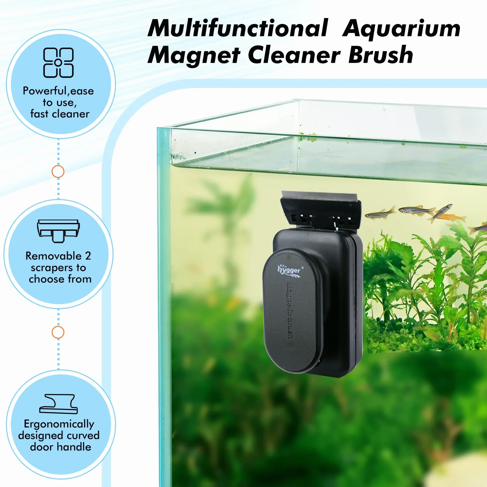 hygger Spazzola Acquario Pulizia Vetro, Spazzola Pulisci Vetro Acquario, Spazzola Acquario Magnetica per Alghe Strumento di Pulizia con Raschietto Rimovibile per Piscine In Vetro