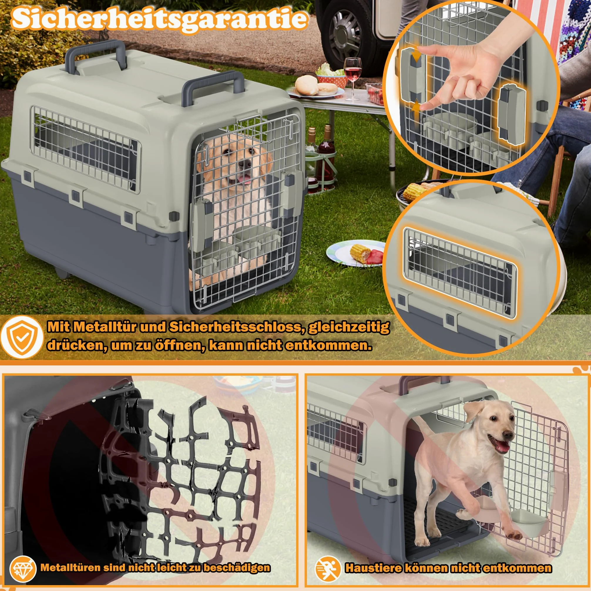 YUENFONG Trasportino per cani e gatti, con porta in ferro e prese d'aria, con cuscino e ciotola, 67 x 51 x 58,5 cm, con ruote e finestra in metallo