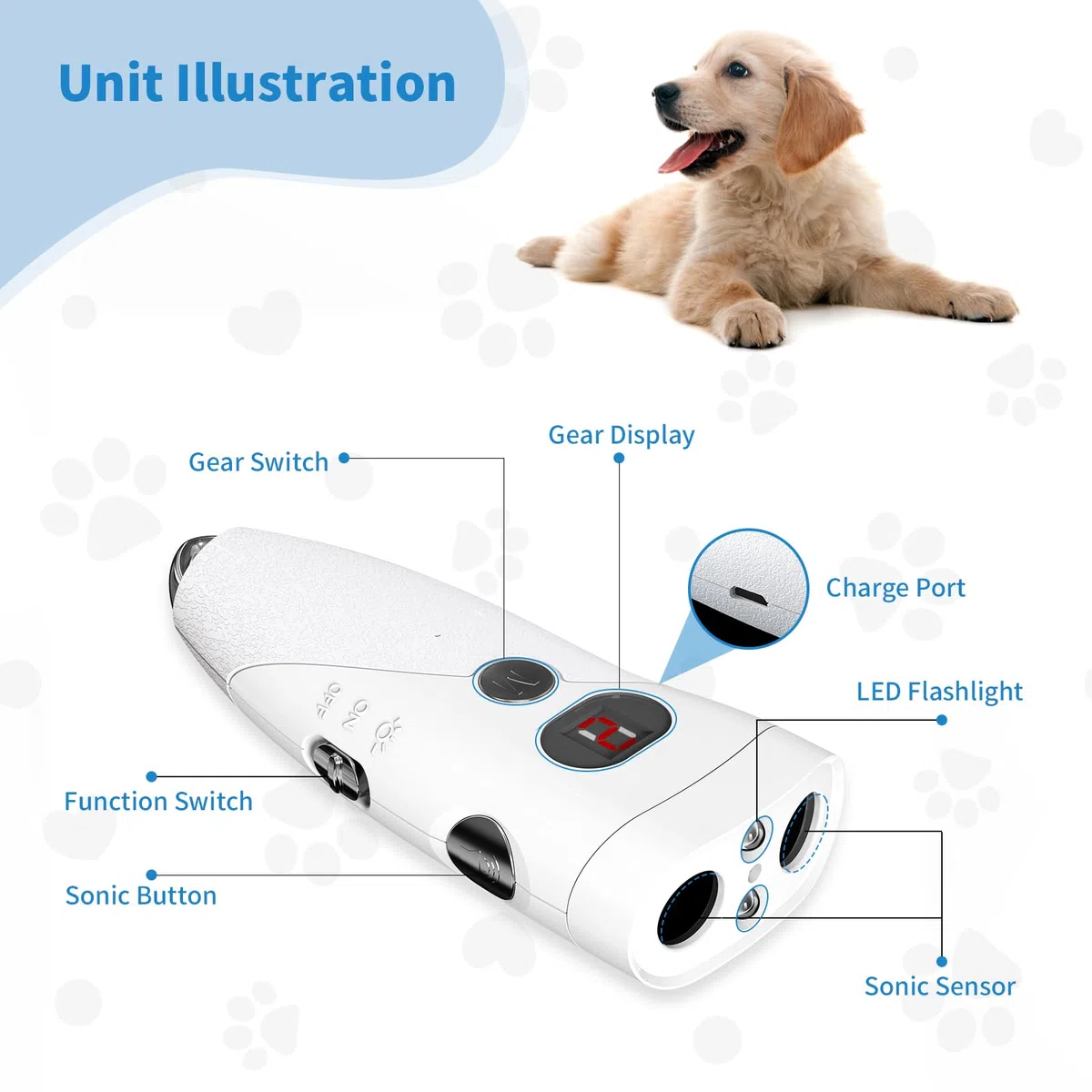 Ankrs Portatile Ultrasuoni Antiabbaio per Cani, Controllo dell'abbaio da Esterno, 9 Livello Regorabile, Portata 7,6M, USB Ricaricabile, Dispositivo di Addestramento Cani con Torcia LED (Bianco)