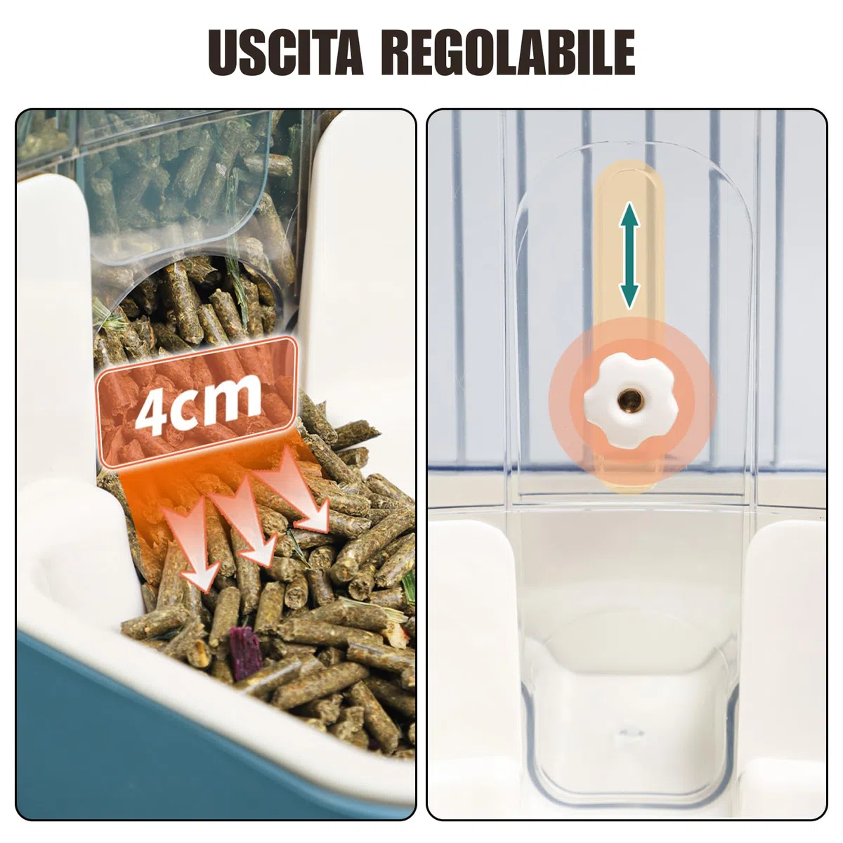 Automatico di Alimentazione per Animali Domestici 800ml Distributore di Cibo Regolabile Senza Alimentazione per Piccoli Gabbia Conigliera Recinto per Animali Coniglio Cavia Cincillà Uccello (Grigio)