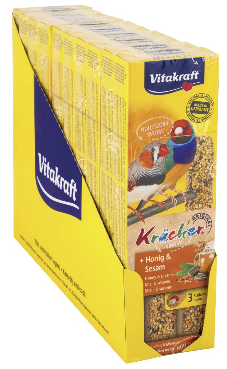 Vitakraft Kräcker, Snack per Uccelli, per Uccelli esotici, Bastoncini da sgranocchiare, con Miele e Sesamo, da Appendere nella gabbietta, Senza l'aggiunta di zuccheri (10x 60g)