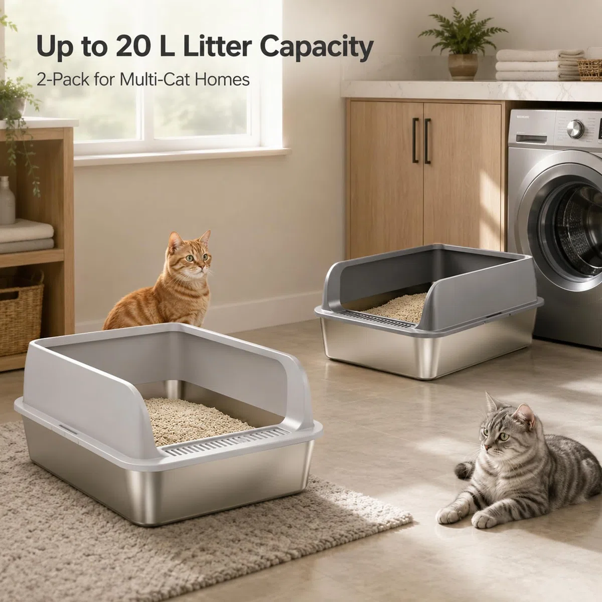Set di 2 lettiere per gatti in acciaio inox, grande lettiera in acciaio inox, con bordo alto, per gatto, 60 x 40 x 20 cm, pala per gatti (L)