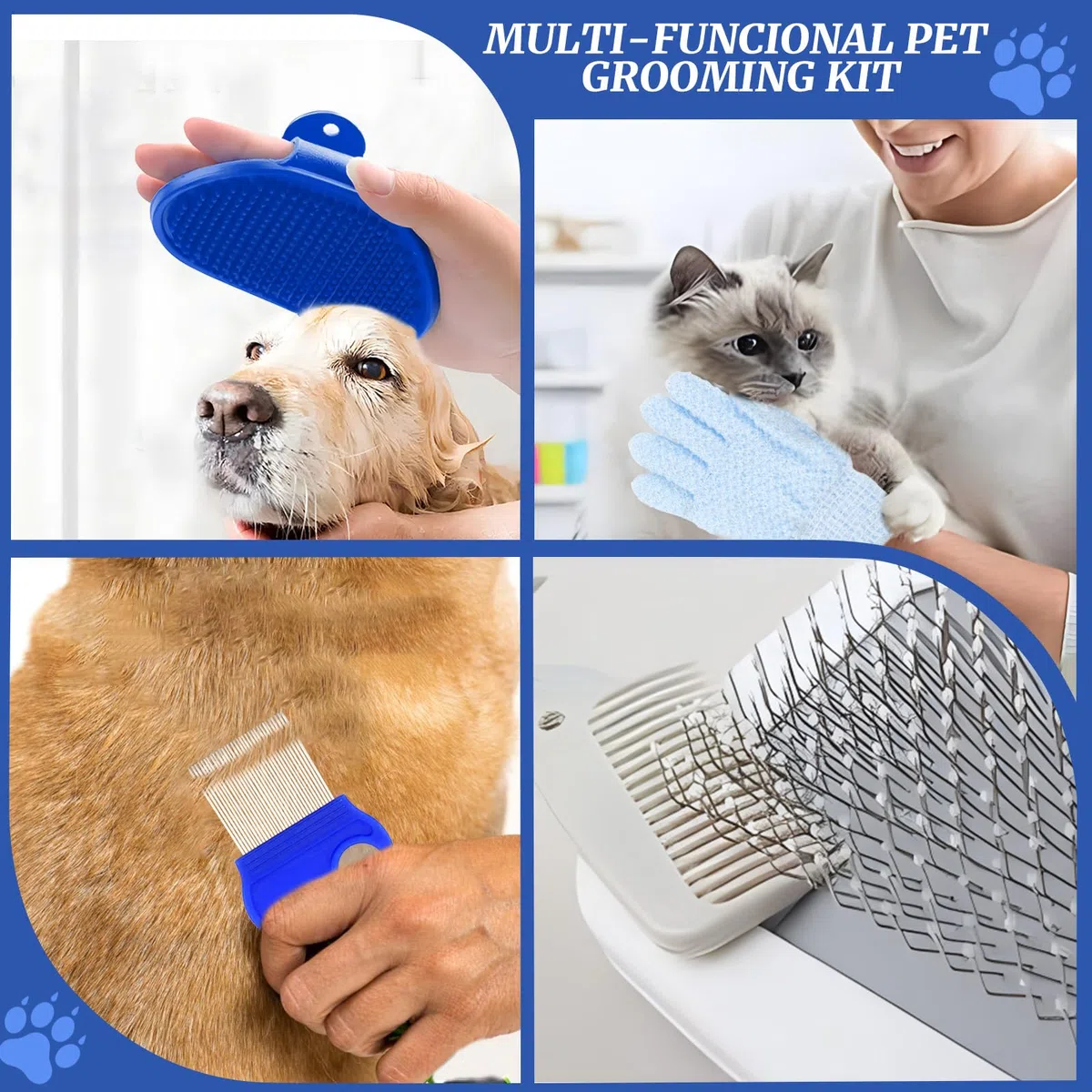 Set di 8 pezzi per la cura dei piccoli animale con trimmer, tagliaunghie, lima, massaggio, guanto da bagno, pettine per pulci per gatti e cuccioli