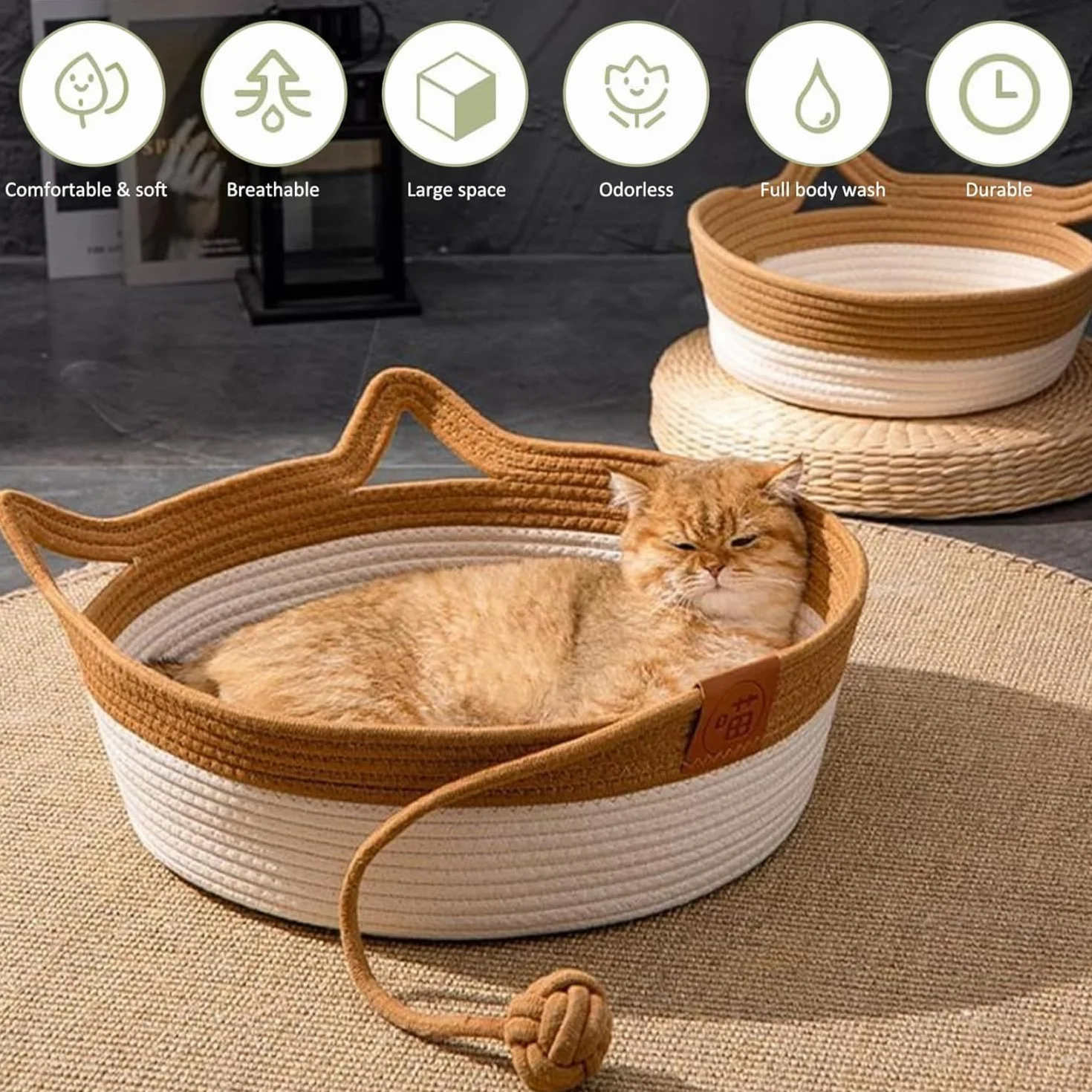 MEISO Letto per Gatti Interni in Cotone Tessuto a Mano, Cesto con Coda Giocattolo, Pieghevole e Traspirante (M)