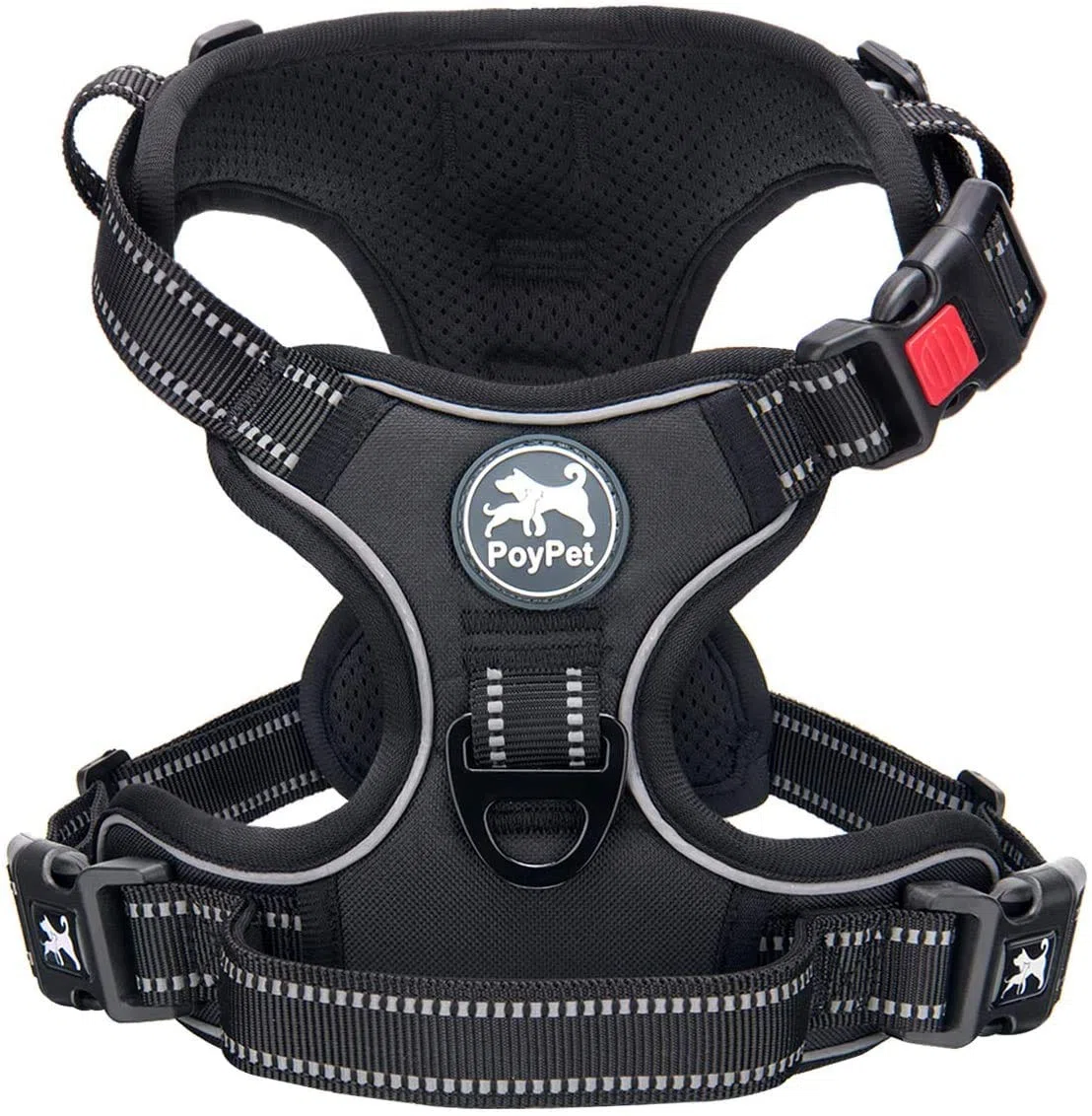 PoyPet No Pull Imbracatura riflettente per cani senza choke, gilet regolabile e morbido imbottito con impugnatura Easy Control per cani di piccola e grande taglia (nero, L)