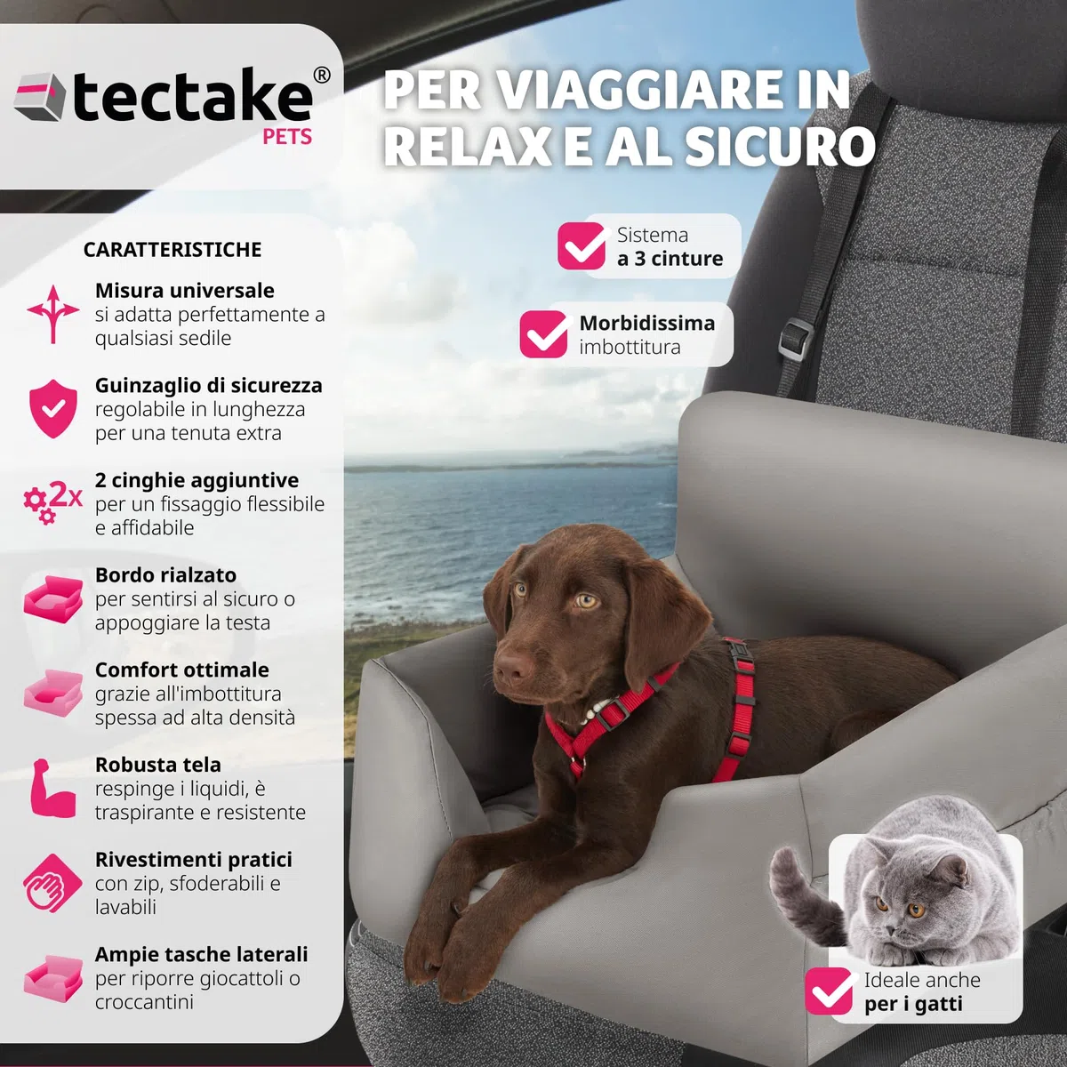 tectake® Seggiolino Auto per Cani Imbottito, Trasportino per Cani con Guinzaglio di Sicurezza, Cinghie di Fissaggio Regolabili, Rivestimento Lavabile, Compatibile con Tutti i Veicoli - Grigio