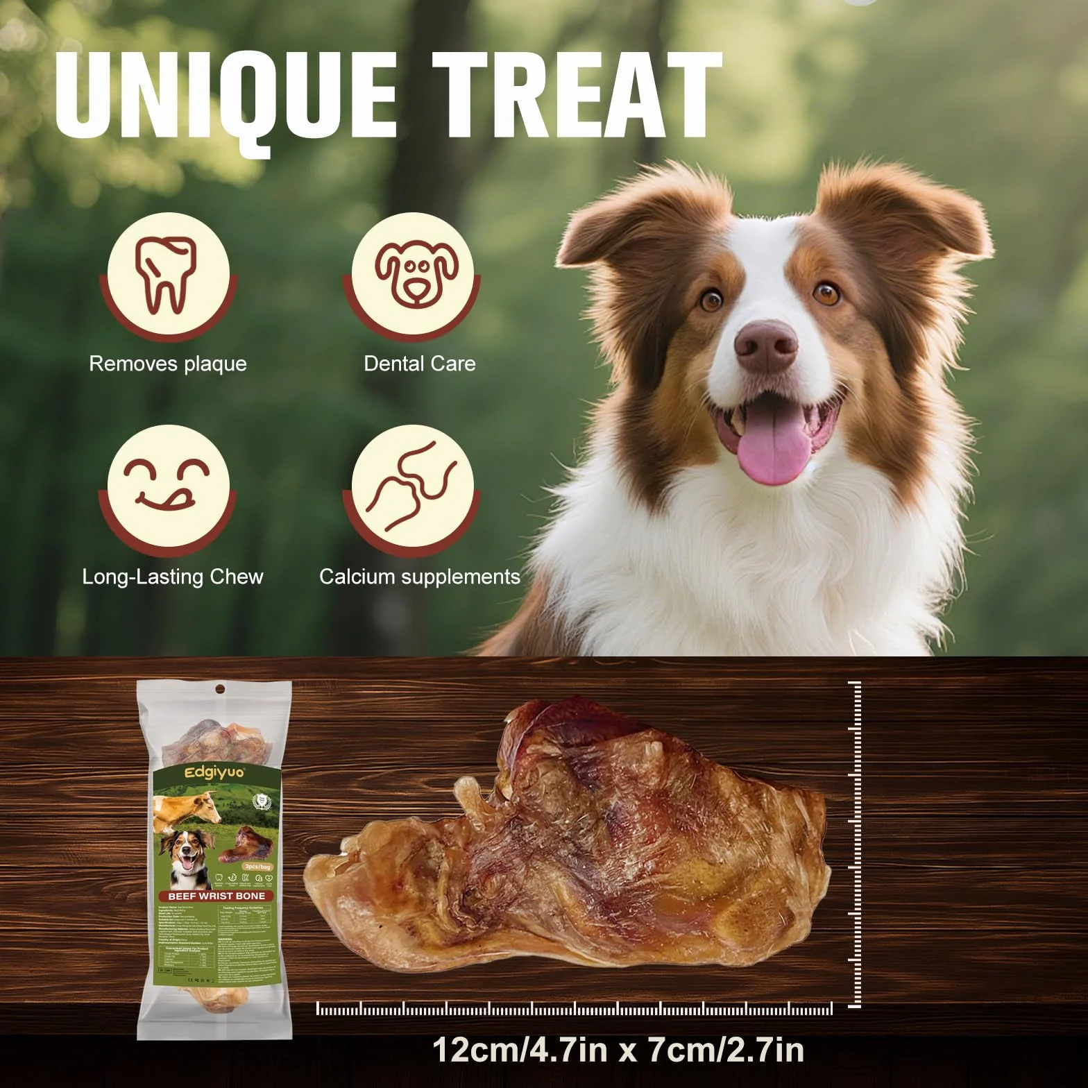 3 pezzi di ossa di polso di manzo nutrito con erba per cani adulti - Snack naturale monocomponente, snack di lunga durata per cani che masticano con forza, razze piccole e grandi (L2)