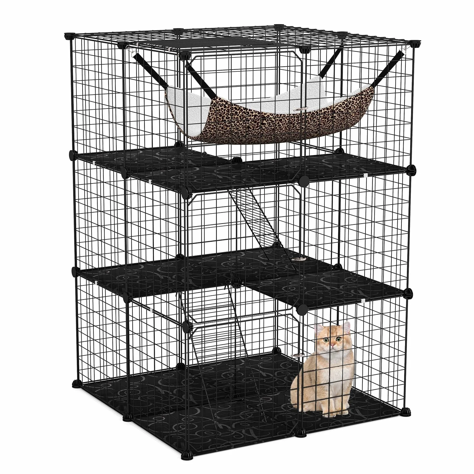 FANTASK Gabbia in filo metallico a 3 piani, grande gabbia per gatti con lucernario, amaca, 2 scale e 3 porte, canili rimovibili, recinto per gatti piccoli animali interni, 74 x 74 x 107 cm (nero)