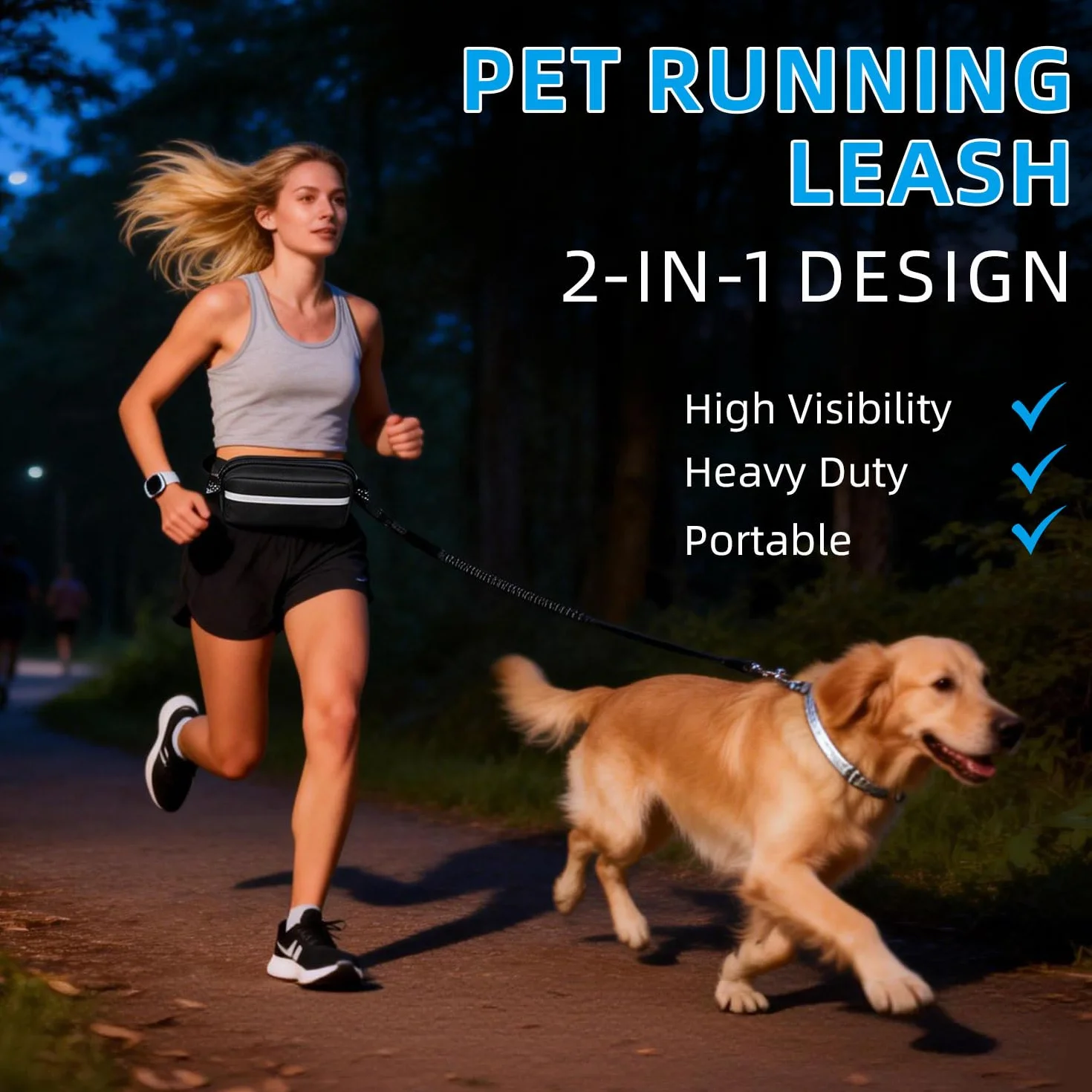 Guinzaglio per Cani, Guinzaglio Cane,Guinzaglio Doppio per Cani, Cintura in Vita Regolabile, Riflettente, Guinzaglio Mani Libere per Cani, per Corsa,Jogging，Camminata,Allenamento, Escursionismo(Nero)