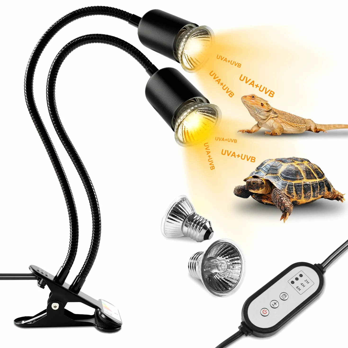 Lampada Riscaldante Tartarughe a Due Teste, 25W+50W Lampada Tartarughe Acqua E27, UVA+UVB Lampadas Riscaldante Rettile con Interruttore Timer Regolabile per Tartarughe Rettili Lucertole (Nero)