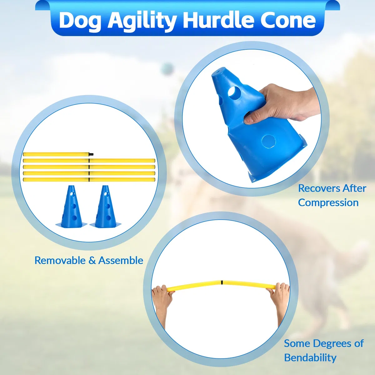 Set Agilità Cani, 8 Coni (24cm) + 4 Aste (81cm), Set Ostacoli Regolabili in Altezza, Cane Cavaletti per Allenamento Cinofilo, Parcour Bambini, Addestramento Cani e Coordinazione Sportiva