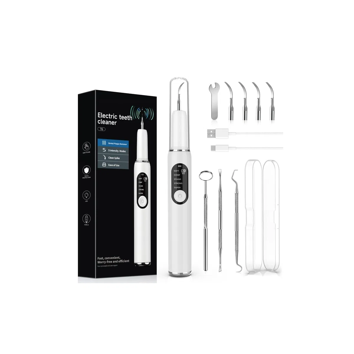 Kit Pulizia Denti Tartaro per Animali Domestici – Spazzolino Elettrico per Cani e Gatti con 5 Modalità, 4 Testine Intercambiabili in Metallo, Rimozione Placca e Tartaro, Luci LED, Sicurezza Gengive