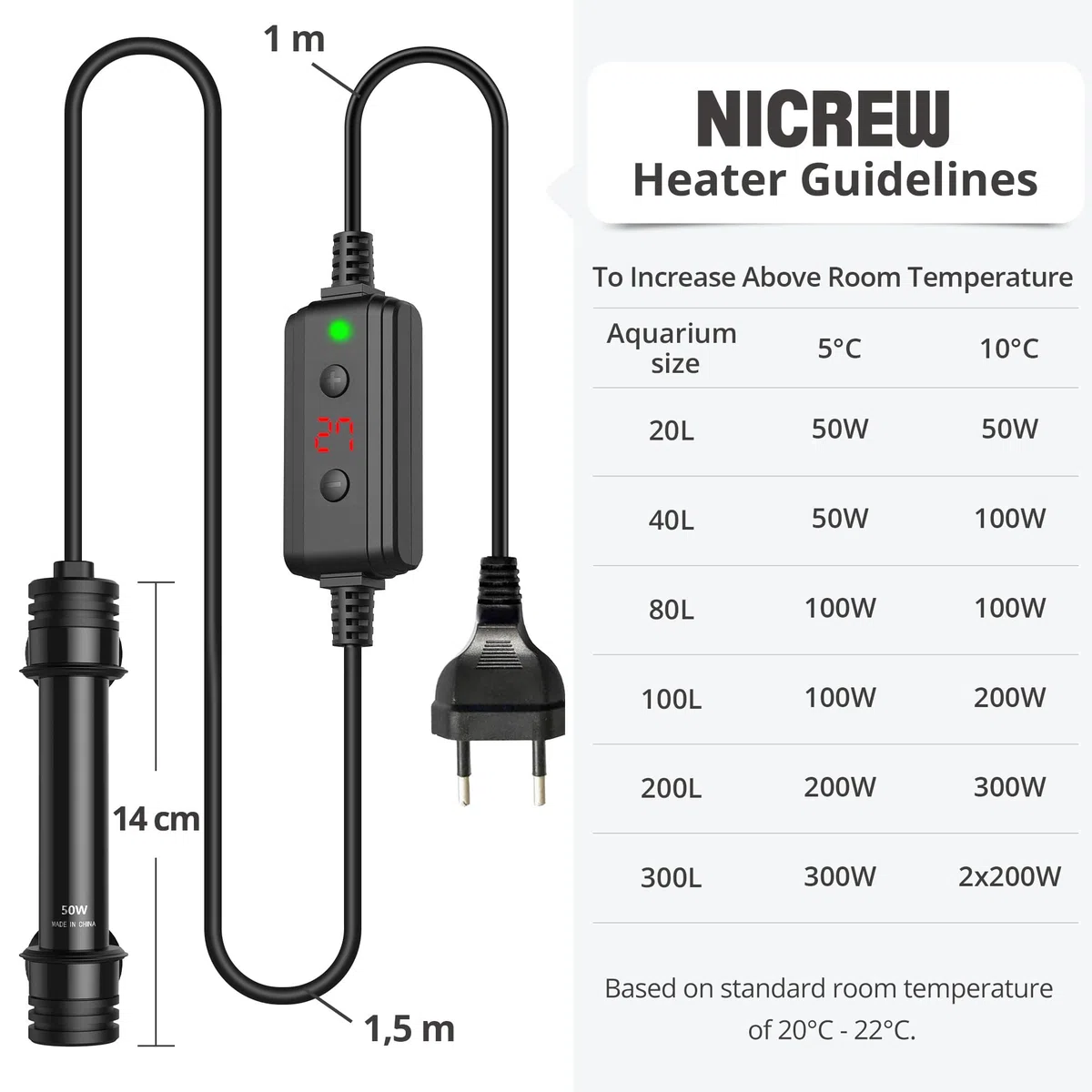NICREW Riscaldatore Acquario 50 W, Riscaldatore per Acquario Sommergibile con Indicatore di Temperatura per Acquario Fino a 40 L, Termostato Acquario con Ventose