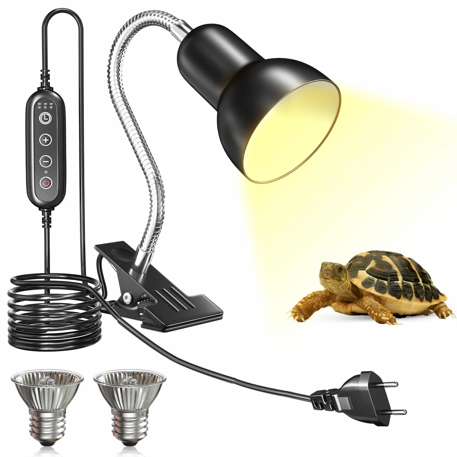 Lampada Riscaldante, Lampada Riscaldante per Terrario E27 con Funzione Timer e Controllo della Temperatura, Include Due Lampadine Riscaldanti E27 UVA UVB da 100W con Clip per Tartarughe