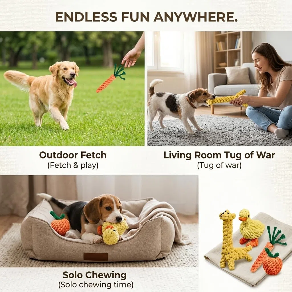 NEXUS - Set da 4 giocattoli per cani in corda di cotone, design carino, giocattolo da masticare resistente per cani piccoli e medi, gioco interattivo N16TOYPROJECT04