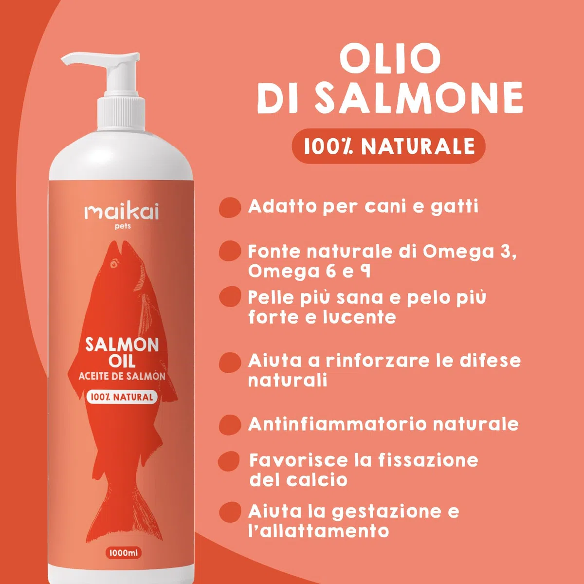 MAIKAI Olio di Salmone per Cani e Gatti 100% Naturale Norvegese 1LRicco di Omega 3 6 e 9 Migliora Pelle e Pelo - Supporta Articolazioni e Sistema Immunitario - Appetizzante Naturale per Animali