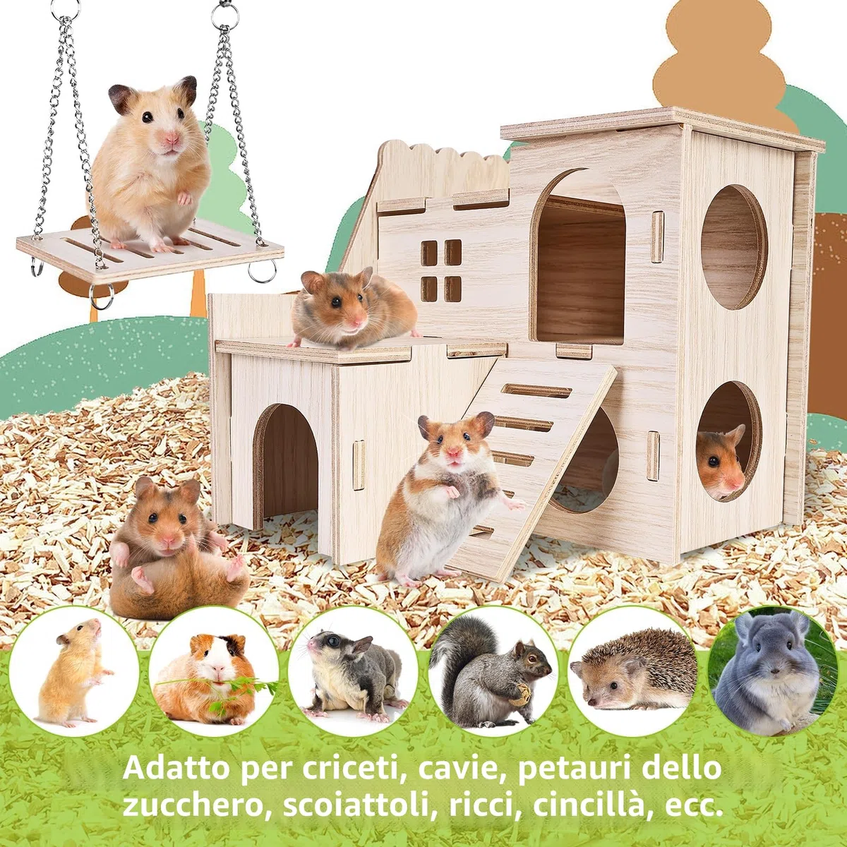 Giochi per Criceti, 7 Pezzi Giochi Criceto in Legno, Gabbia per Criceti, Casetta per Criceti, Criceto Giocattolo Fai Da Te, Accessori per Criceti, Altalena e Ponte per Porcellini D'india