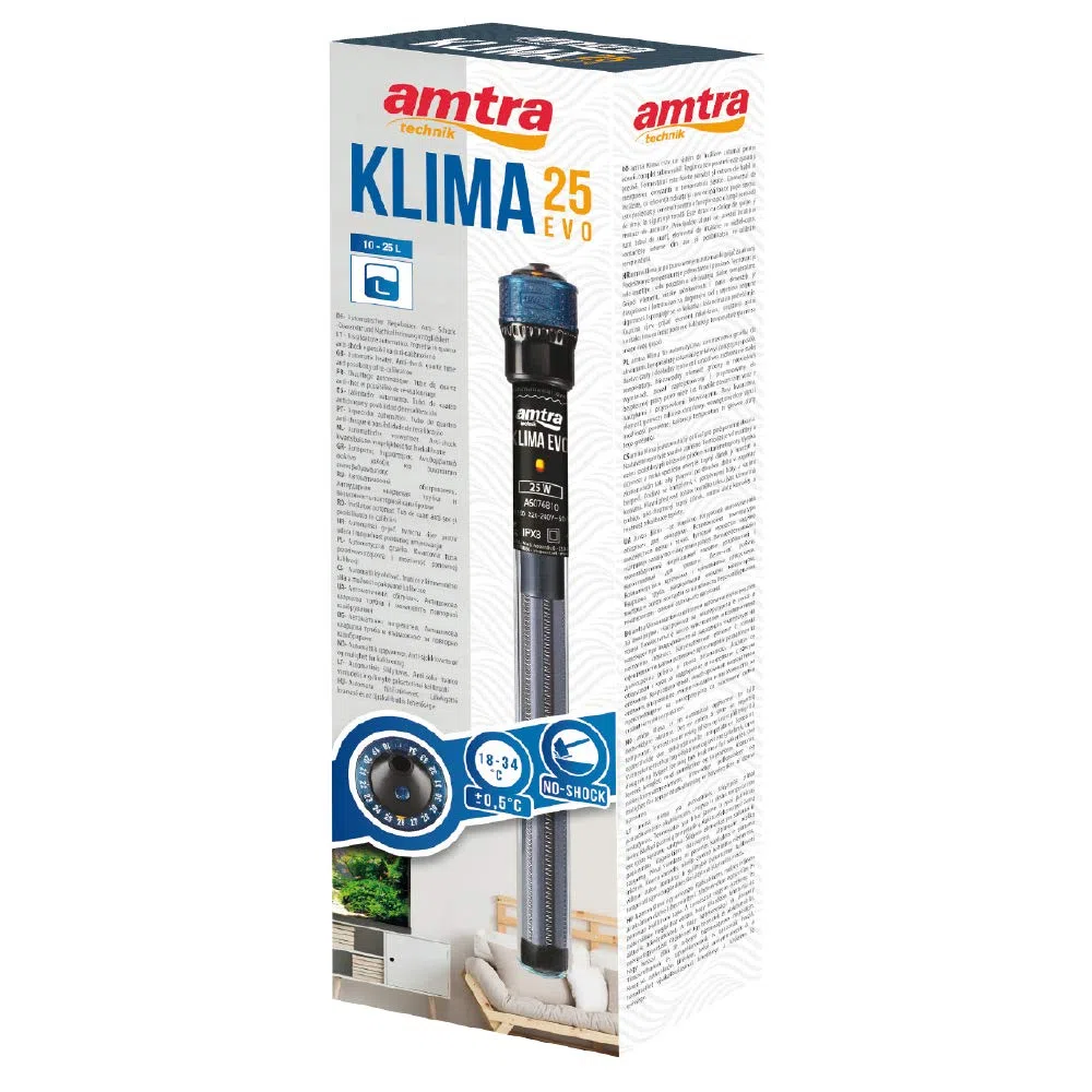 Amtra Klima EVO - Riscaldatore automatico per acquari, da 25 L fino a 50 litri, regolabile da 18 a 34 gradi, provetta in quarzo infrangibile, con ventose, potenza 50W
