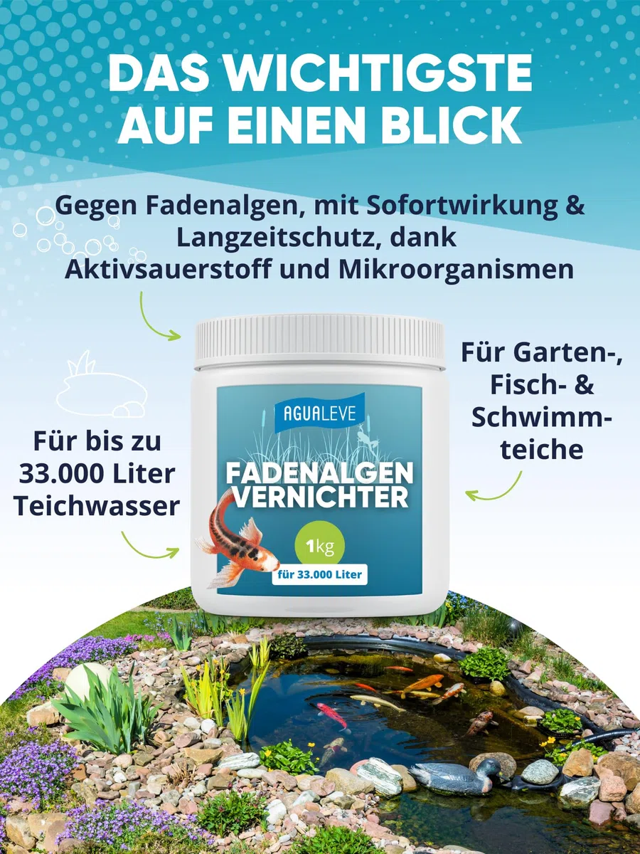 AGUALEVE® Antialghe filamentose 1kg | molto efficace contro le alghe filamentose | formula Ossigeno Attivo 2.0 | Made in Germany | per 33.000L