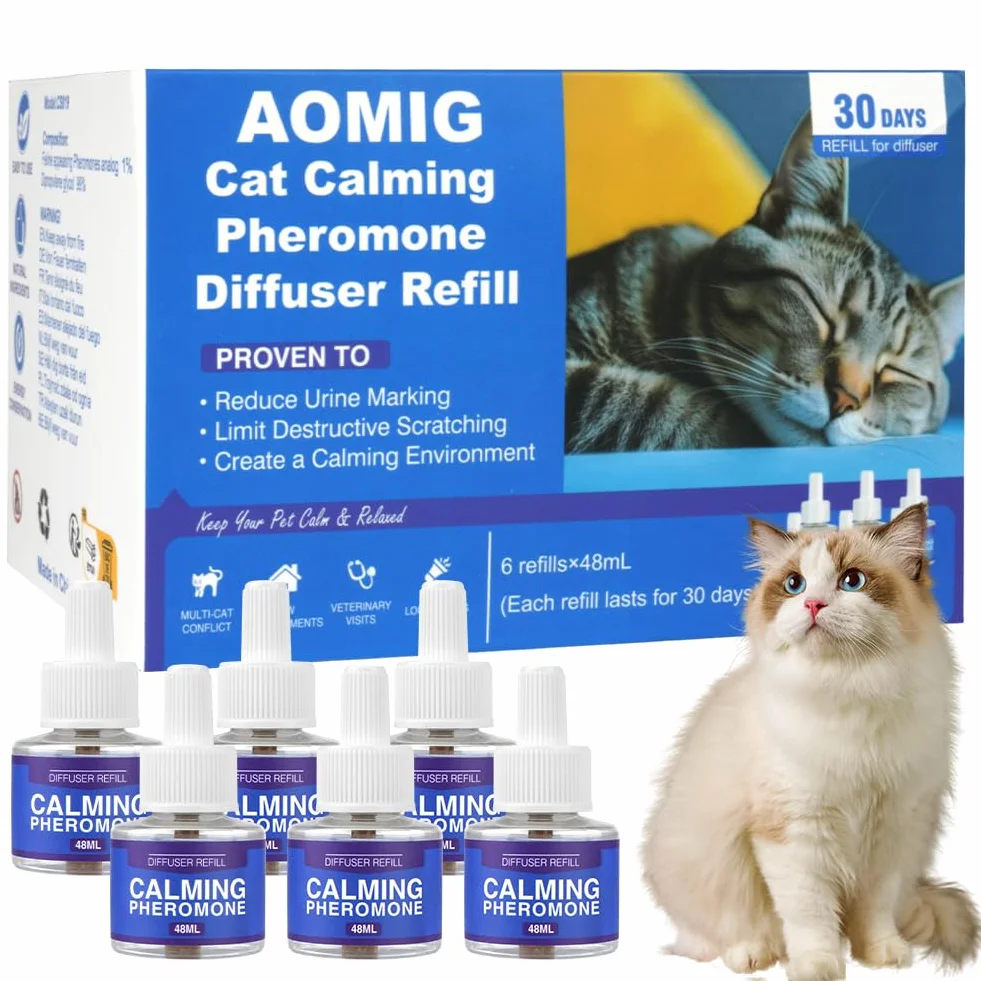 Aomig Calmante per Gattiper Antistress, 6 x Ricariche da 48 ml, Diffusore Calmante Gatti, Diffusore Feromoni per Gatti, Feromoni per Gatti