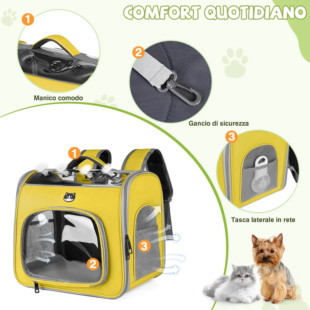 ALLSOPETS Zaino per Cani e Gatti Pieghevole con Finestra Traspirante e Gancio di Sicurezza, Zaino Porta Cane con Apertura Frontale per Viaggio Escursioni Passeggiate (Giallo Limone)