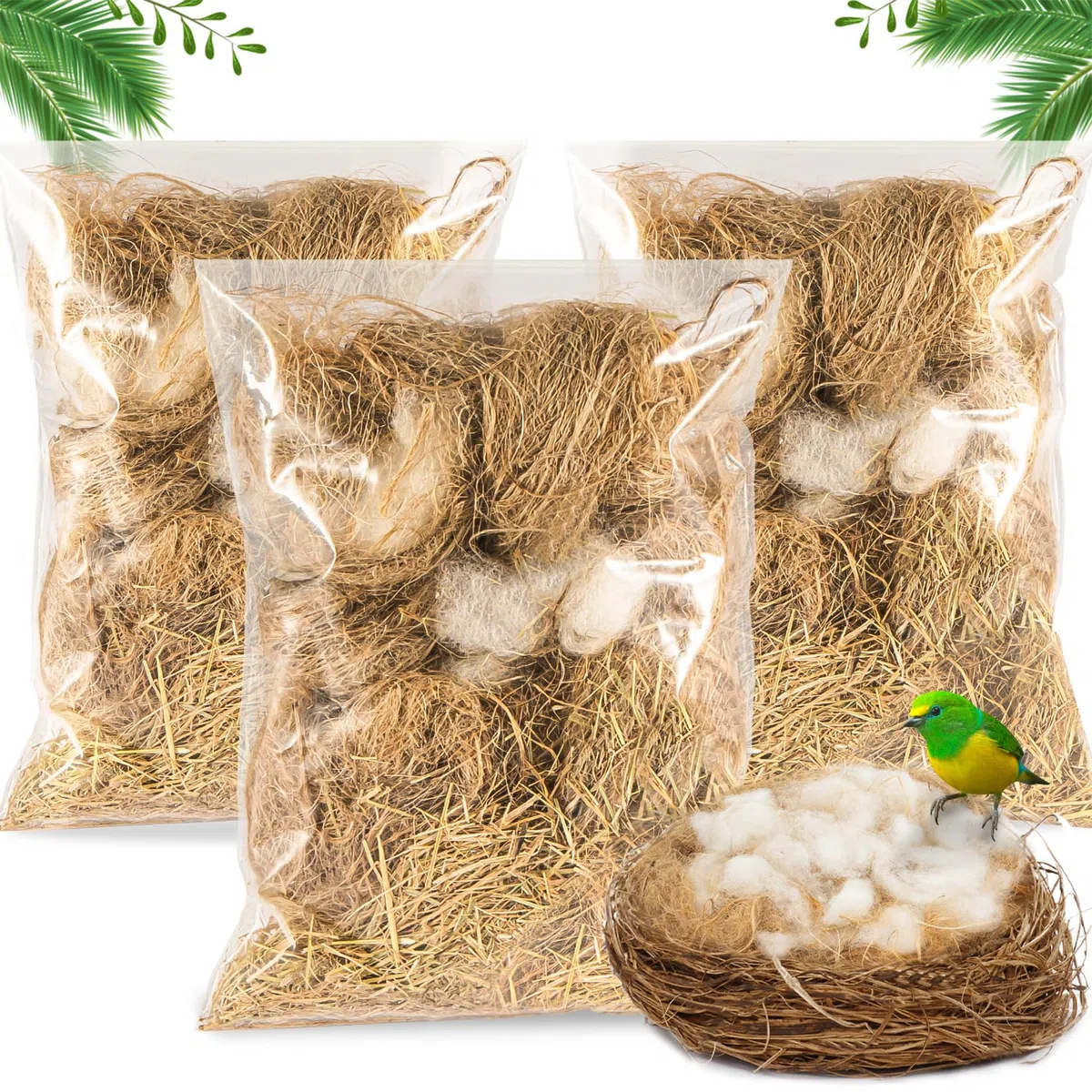 Sukh Confezione da 3 materiali per nidificazione per uccelli, nidi di uccelli, colibrì, nidificazione di canarini, fringuelli, parrocchetti, gabbie, giardini, tronchi d'albero (120 g)