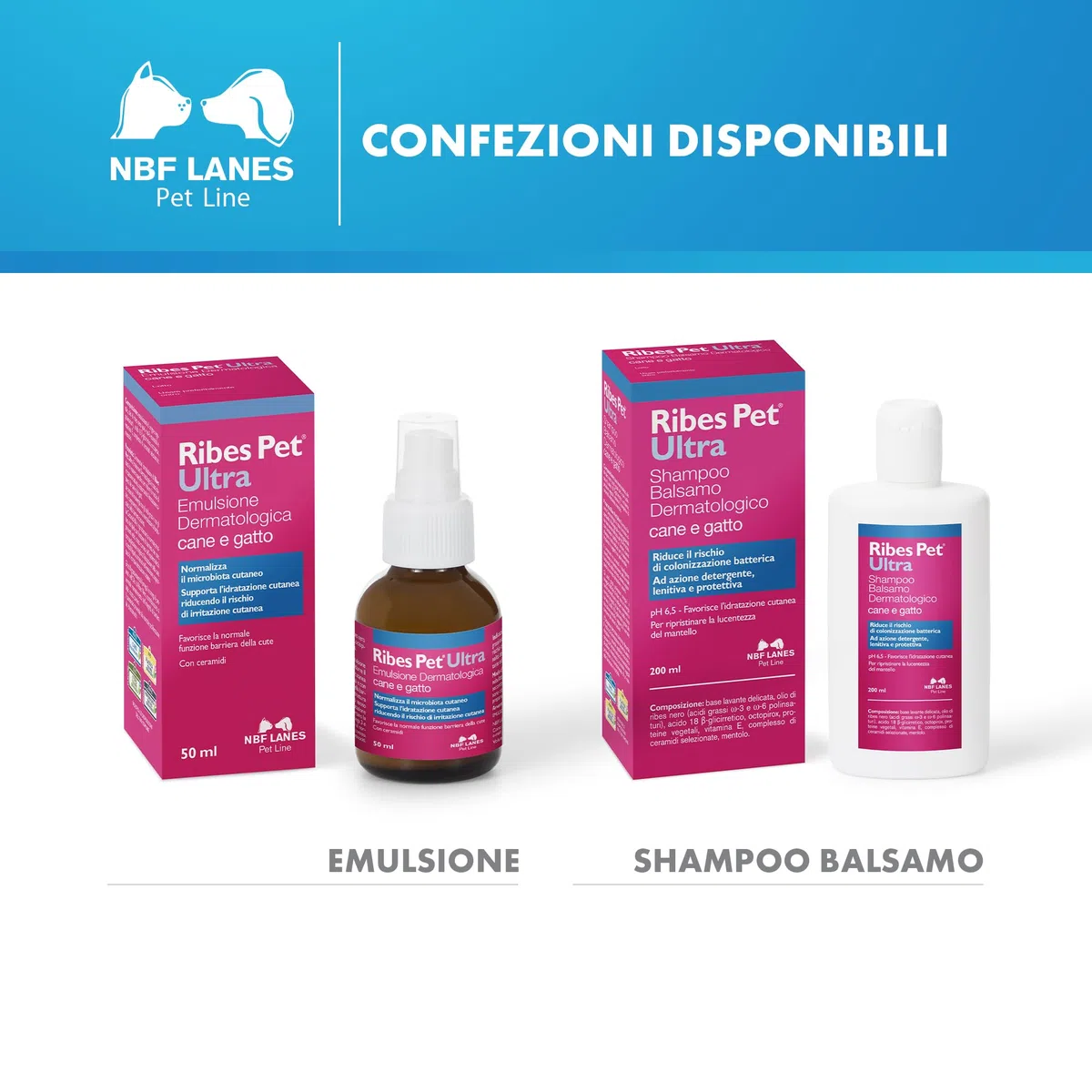 NBF Lanes | Ribes Pet Ultra Emulsione Dermatologica a Cristalli Liquidi Cane e Gatto 50 ml, Normalizza il Microbiota Cutaneo, Favorisce la Normale Funzione Barriera della Cute, con Ceramidi