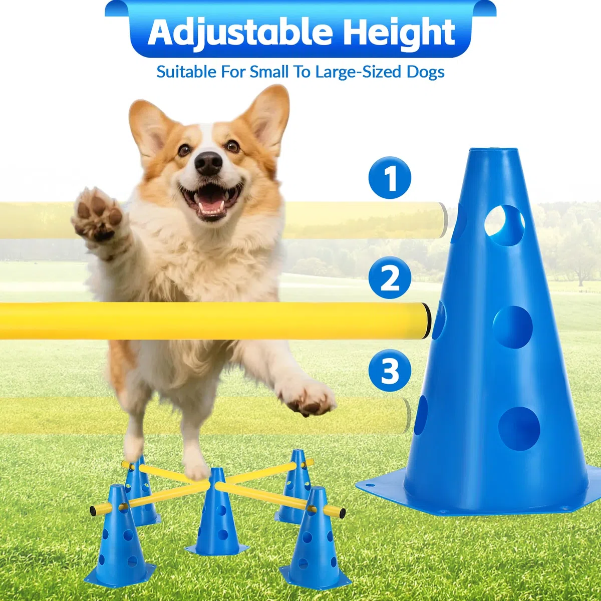 Set Agilità Cani, 8 Coni (24cm) + 4 Aste (81cm), Set Ostacoli Regolabili in Altezza, Cane Cavaletti per Allenamento Cinofilo, Parcour Bambini, Addestramento Cani e Coordinazione Sportiva