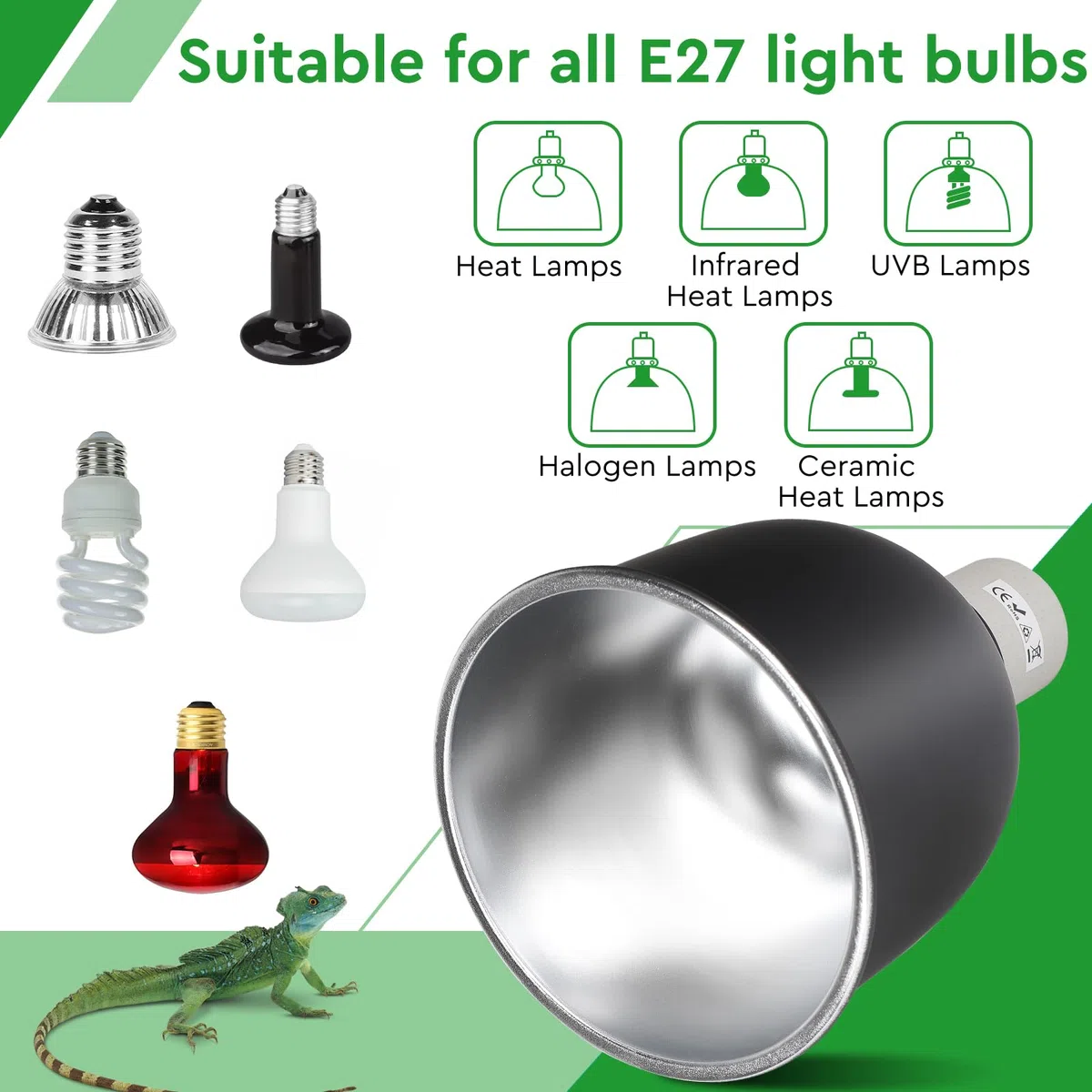 CPROSP Cupola Profonda Rettile Light Fixture E27 con 1 Lampada Riscaldante, Alluminio Rettile Lampada Riscaldante, per Tartaruga Lucertola Drago Barbuto Rettile Amphibians