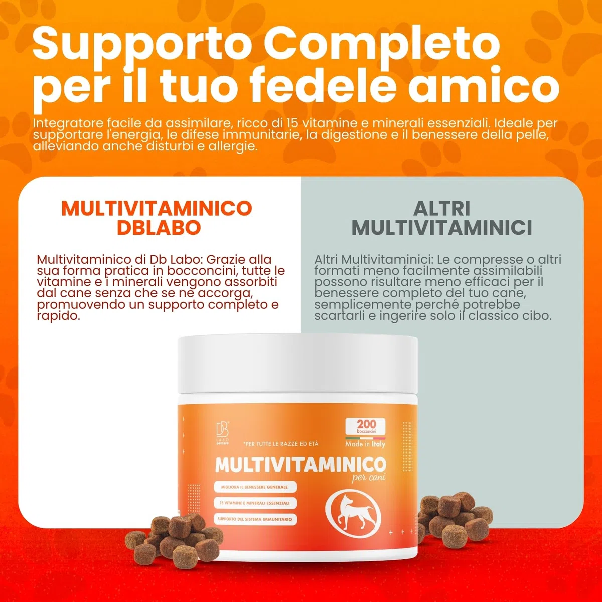 Db Labo Multivitaminico Cane 200 Bocconcini Per Facile Assunzione - Integratori per Cani Completi - 15 Vitamine per Cani e Minerali Essenziali - Integratori per Cane Pelle e Pelo, Sistema Immunitario