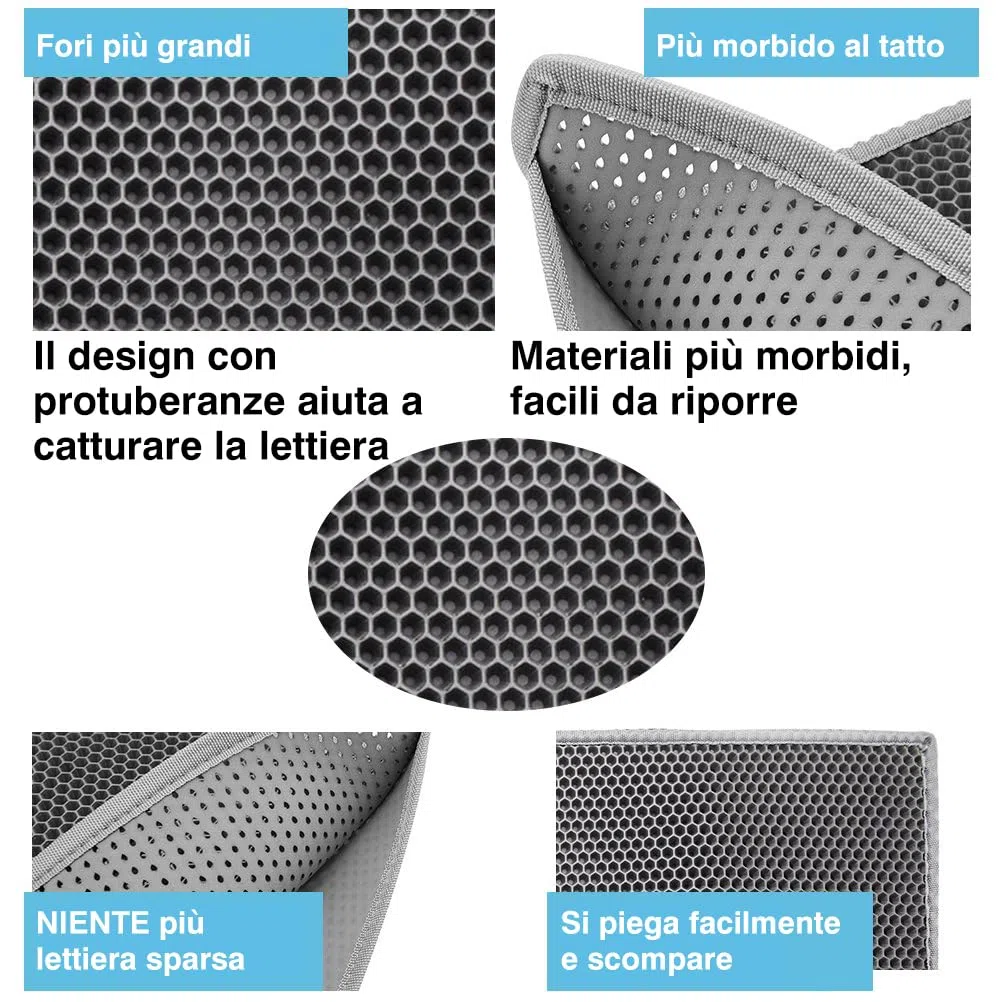 Pieviev Tappetino per Lettiera con Doppio Strato per Toilette per Gatti, Tappetino per Lettiera per Gatti in EVA Progettato a Nido d'Ape, Antiscivolo e Anti-perdite, 61 * 38 cm - Grigio