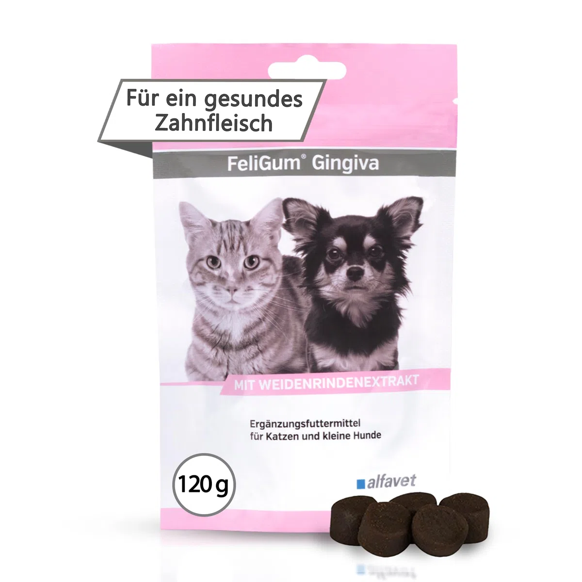 Alfavet FeliGum Gingiva (120 g) – alimento complementare per cani e gatti – soft drops per gengive e cavità orale – con Omega-3, vitamina E ed estratto di salice
