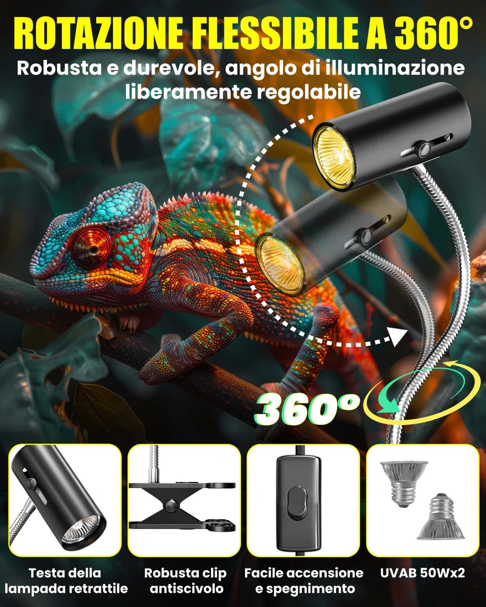 Lampada Riscaldante uvb Tartarughe con 2 Lampadine UVA/UVB da 50W Regolabili a 360° Lampada per Anfibi Adatto per Tartaruga, Ragno, Lucertola, Serpente, Anfibi, Cockatoo, Chameleon