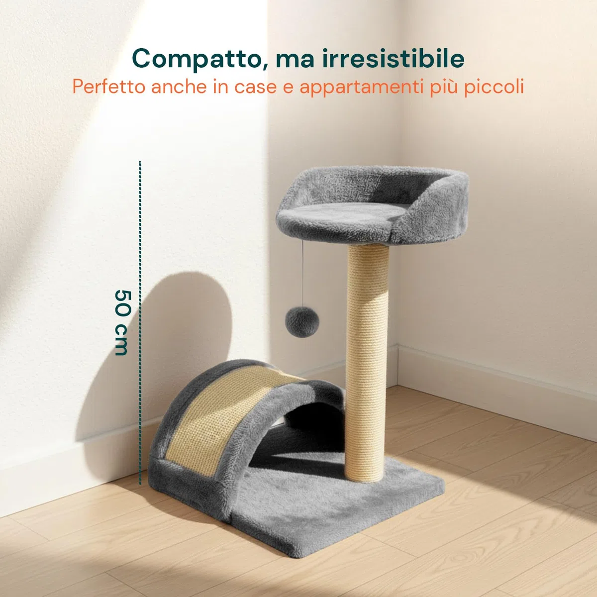Avilia Tiragraffi per Gatti 50 cm – Albero Tiragraffi con Piattaforma Imbottita, Pallina Pendente e Sisal Naturale, Trespolo per Gatti Compatto Salvaspazio, Giochi Gatto 3 in 1, Protezione Divano