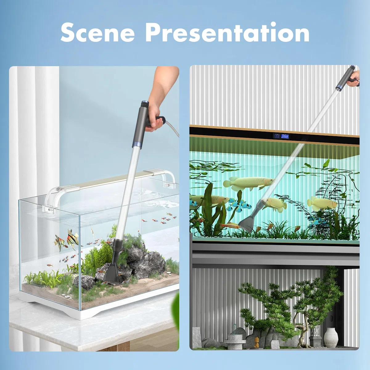 Aspiraghiaia per acquari, 4 in 1 Pulizia Acquario Multifunzionale, regolabile manuale Pulizia Acquario Ghiaia, Cambia Acqua per acquari, Cambio Acqua, Pulizia Sabbia, Rimozione Sporco, Filtraggio