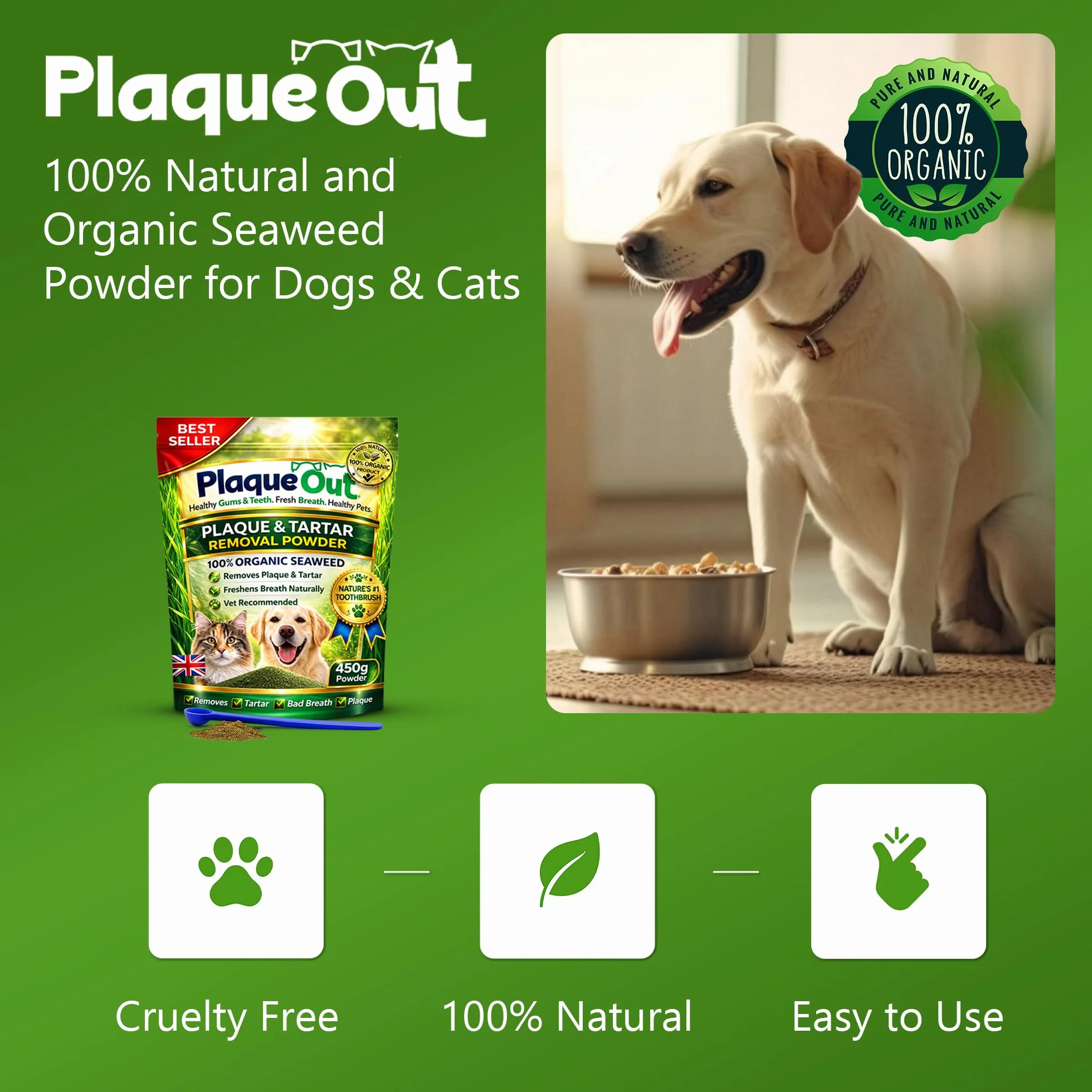 PLAQUE OUT 450G Pouch Tartaro Placca Off Remover, Alito Cattivo Denti Gum Care per Cani, Gatti 100% Biologico