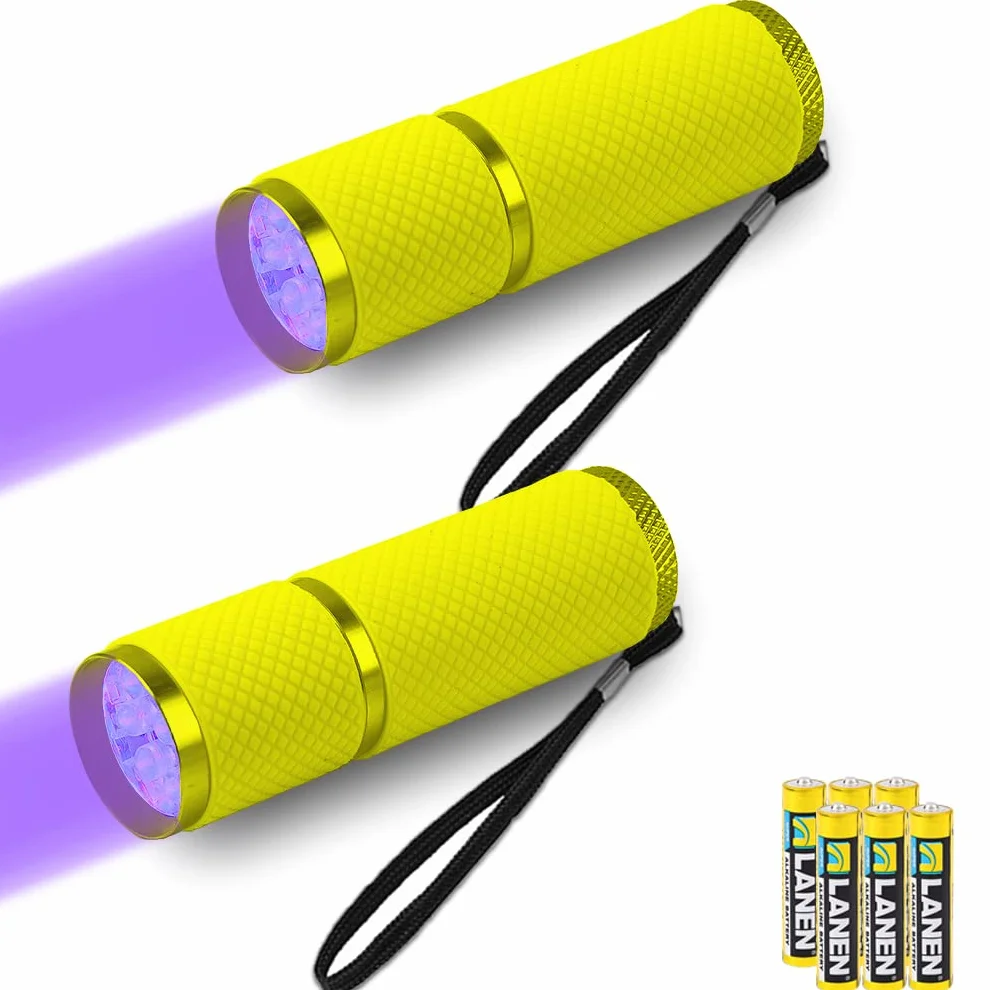 LEAGY 2 Pezzi Mini Torcia UV con 9 LED Batterie - Rilevatore di Urine per Animali Domestici Agenti Fluorescenti Macchie Secche Controllo delle Falsificazioni Banconote Cimici dei Letti ecc (Giallo)