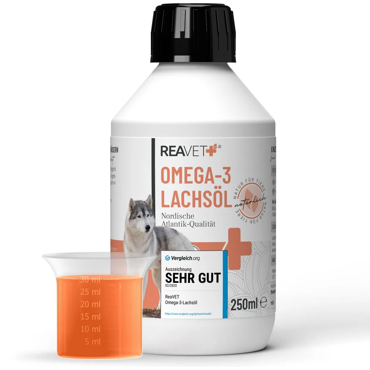 ReaVET Articolo di prova molto buono 02/24 olio di salmone per cani, gatto 250 ml – Ricco di Omega 3 & 6, olio di pesce cane ad alto dosaggio, qualità alimentare senza additivi, fresco imbottigliato